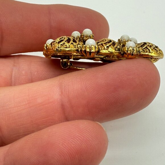 Vintage Square Gold Tone Filigree Brooch Pin Faux Mini Pearls - Picture 9 of 10